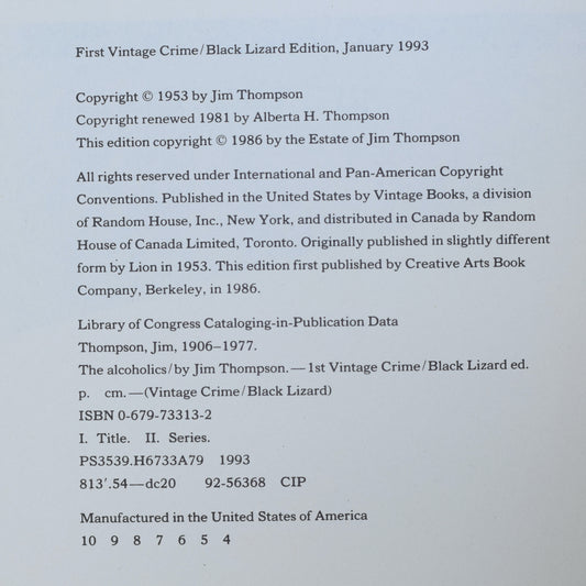 Vintage Fiction Paperback: Jim Thompson - The Alcoholics