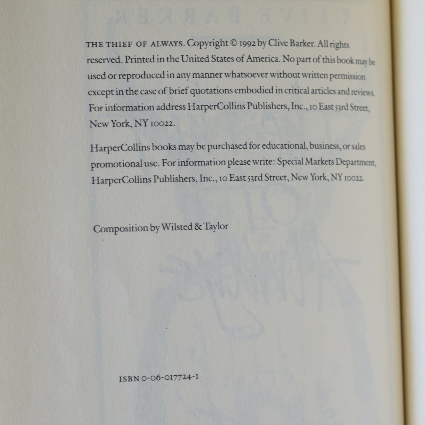 Vintage Horror Hardback: Clive Barker - The Thief of Always