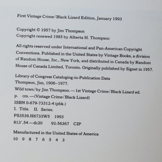 Vintage Fiction Paperback: Jim Thompson - Wild Town