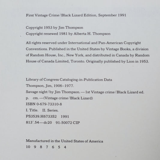 Vintage Fiction Paperback: Jim Thompson - Savage Night