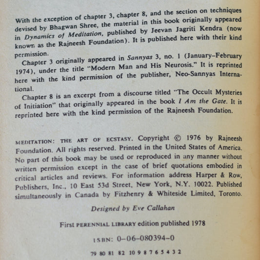 Vintage Non-fiction Paperback: Bhagwan Shree Rajneesh - Meditation: The Art of Ecstasy SECOND PRINTING