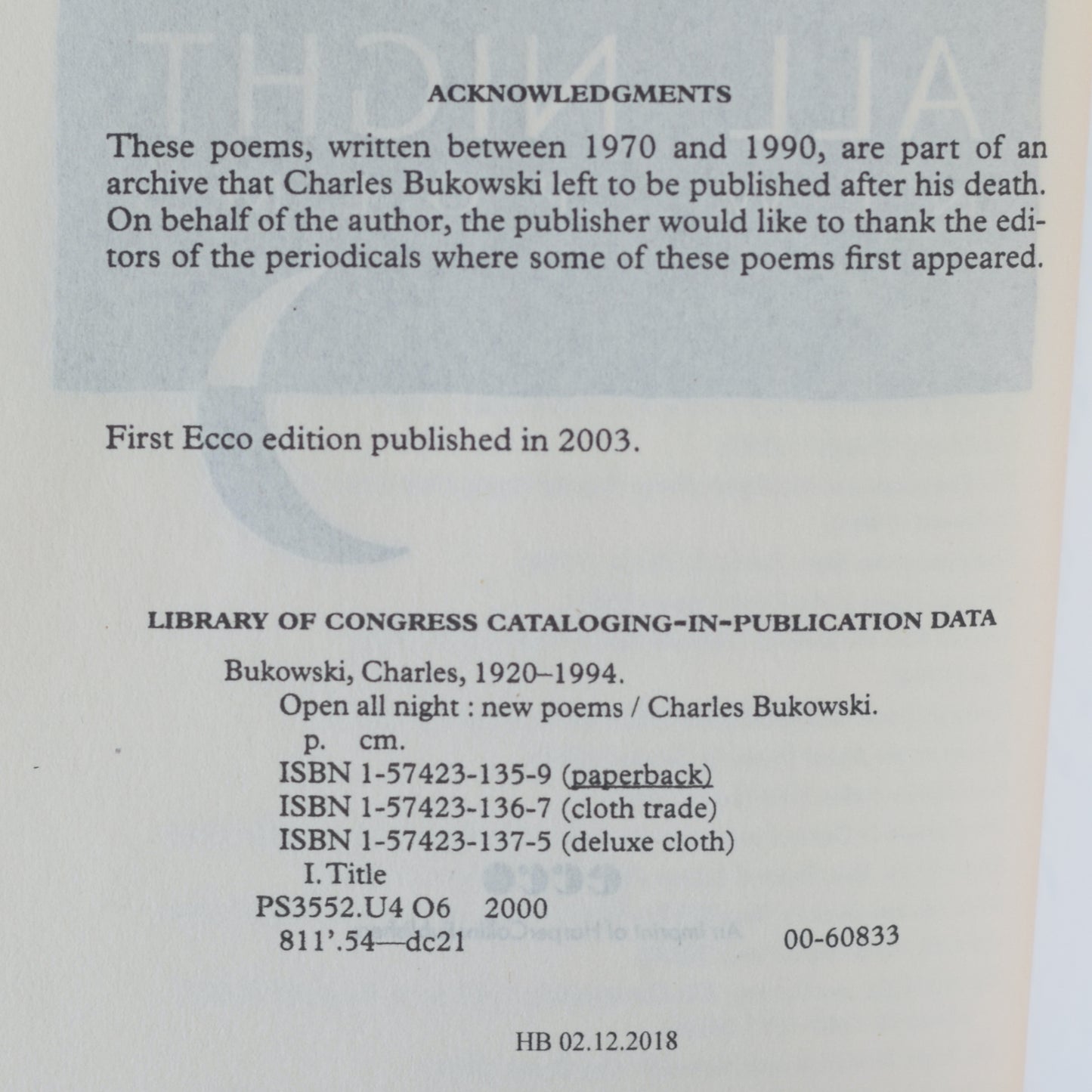 Poetry Paperback: Charles Bukowski - Open All Night