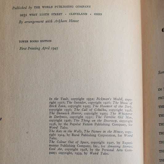 Vintage Horror Hardback: The Best Supernatural Stories of H P Lovecraft, edited by August Derleth FIRST PRINTING