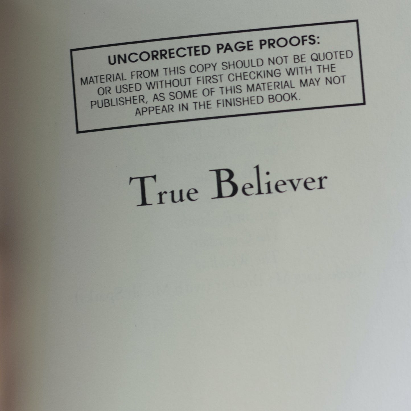 Fiction Paperback: Nicholas Sparks - True Believer ARC