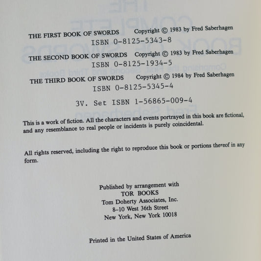 Vintage Fantasy Hardback: Fred Saberhagen - The Complete Book of Swords BCE