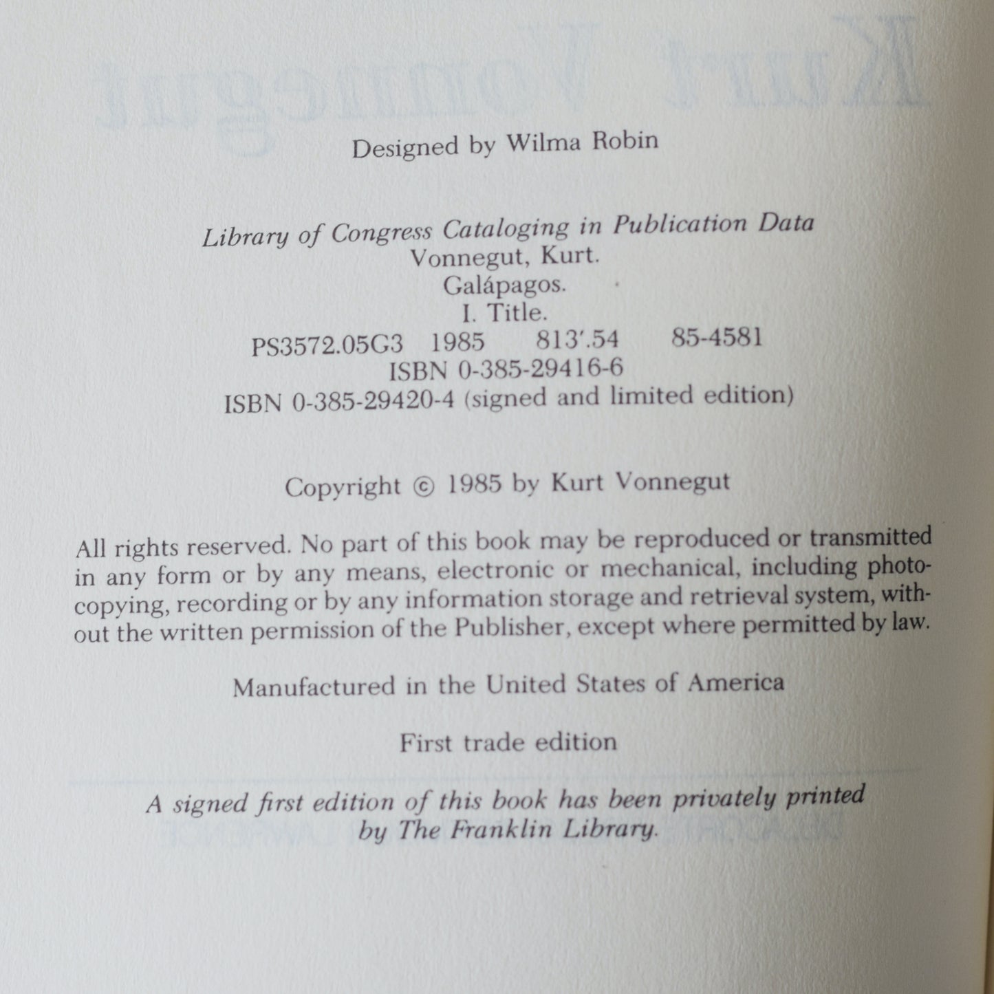 Vintage Fiction Hardback: Kurt Vonnegut - Galapagos FIRST EDITION