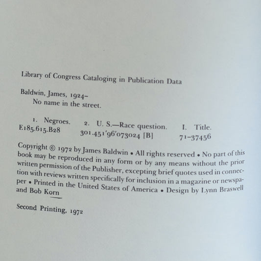 Vintage Fiction Hardback: James Baldwin - No Name on the Street, 2ND PRINTING