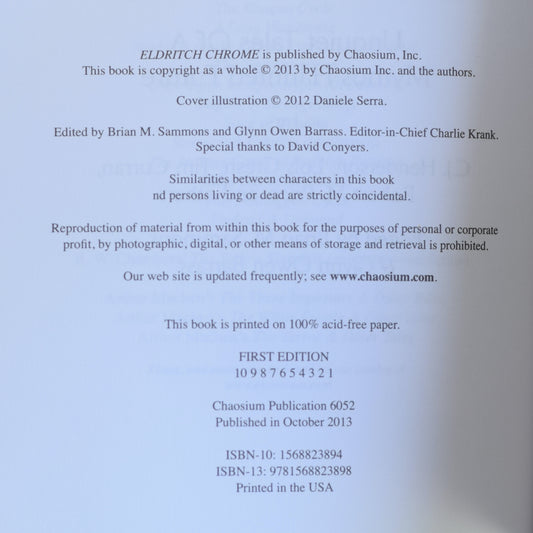 Horror Paperback: Eldritch Chrome - Unquiet Tales of a Mythos-Haunted Future, Edited by Brian M Sammons and Glynn Owen Barras FIRST EDITION/PRINTING