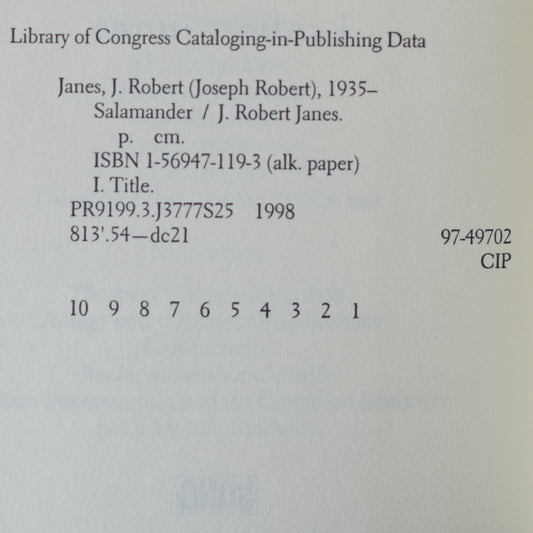 Vintage Fiction Hardback: J Robert Janes - Salamander FIRST PRINTING