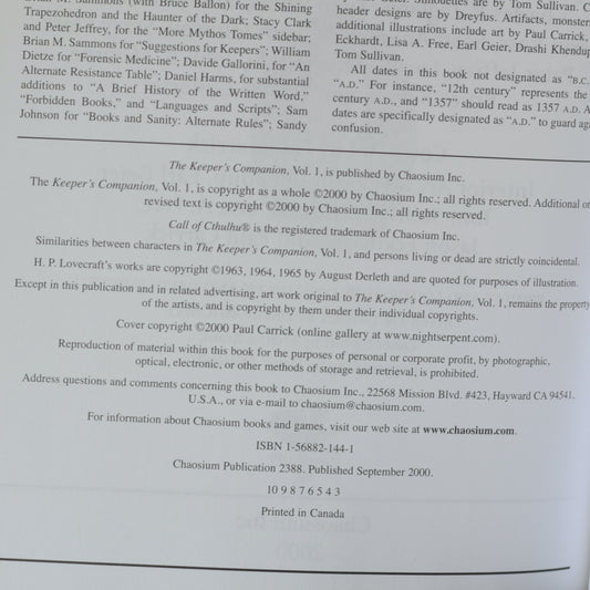 Paperback RPG Book: Call of Cthulhu: The Keepers Companion, Vol 1 THIRD PRINTING