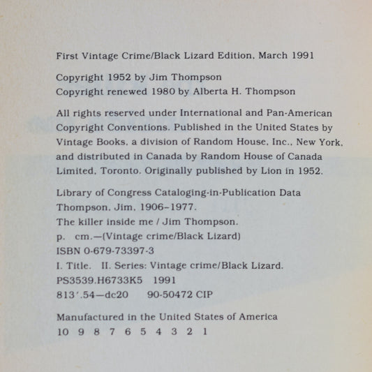 Vintage Fiction Paperback: Jim Thompson - The Killer Inside Me FIRST PRINTING