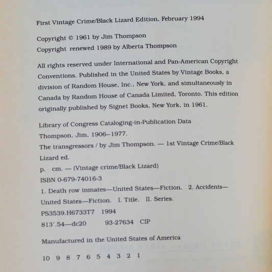 Vintage Fiction Paperback: Jim Thompson - The Transgressors FIRST PRINTING