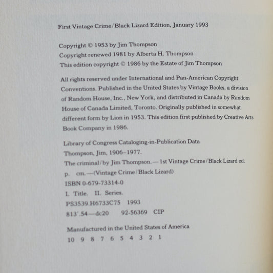 Vintage Fiction Paperback: Jim Thompson - The Criminal FIRST PRINTING