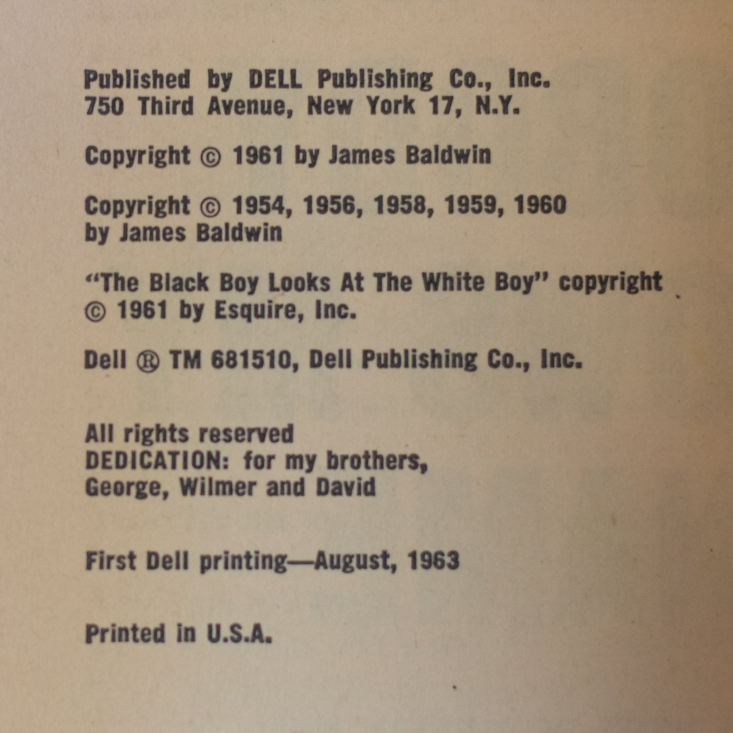 Vintage Fiction Paperback: James Baldwin - Nobody Knows My Name FIRST PRINTING