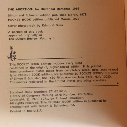 Vintage Fiction Paperback: Richard Brautigan - The Abortion: A Historical Romance 1966