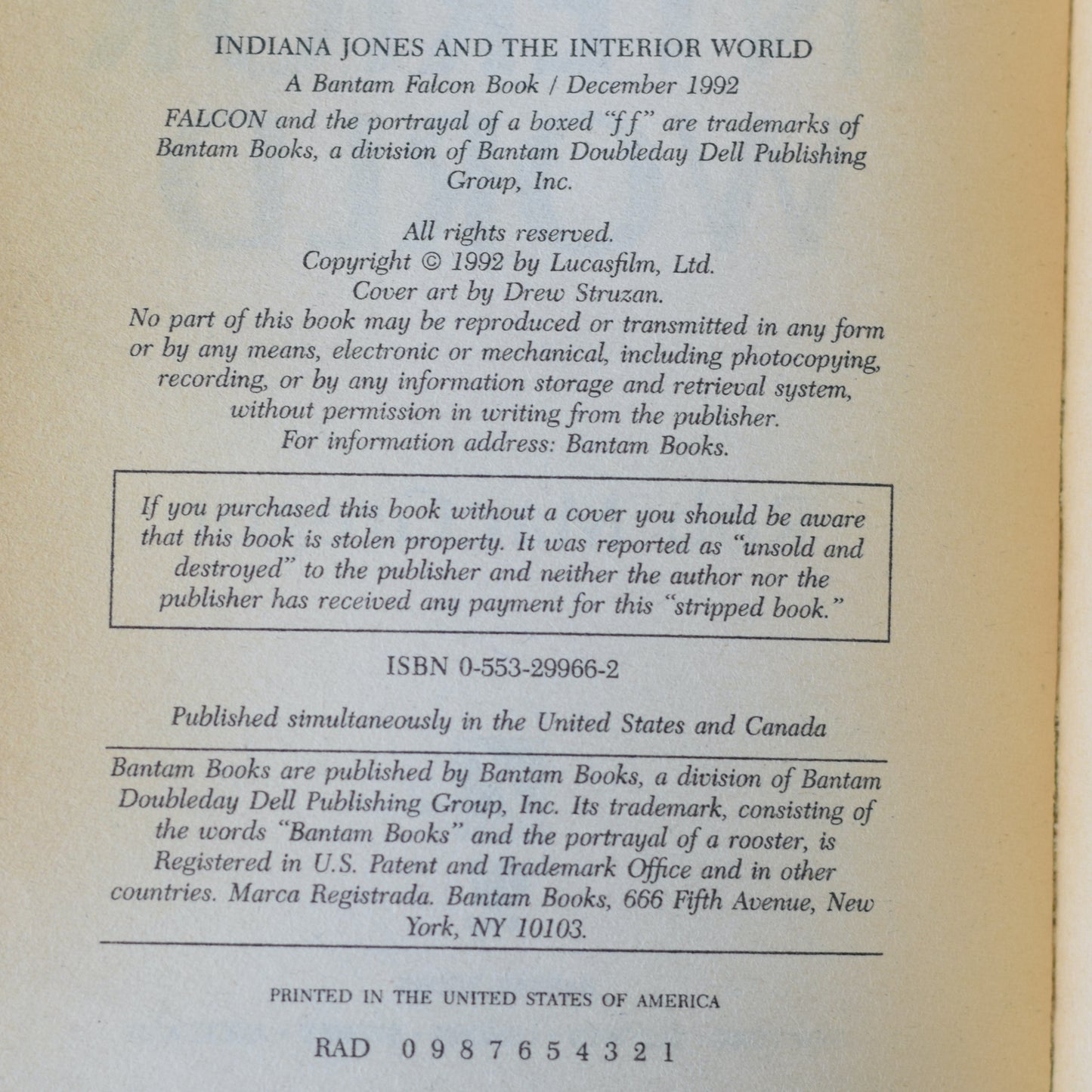 Vintage Fiction Paperback: Rob MacGregor - Indiana Jones and the Interior World FIRST PRINTING
