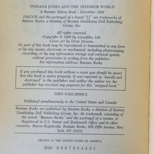 Vintage Fiction Paperback: Rob MacGregor - Indiana Jones and the Interior World FIRST PRINTING