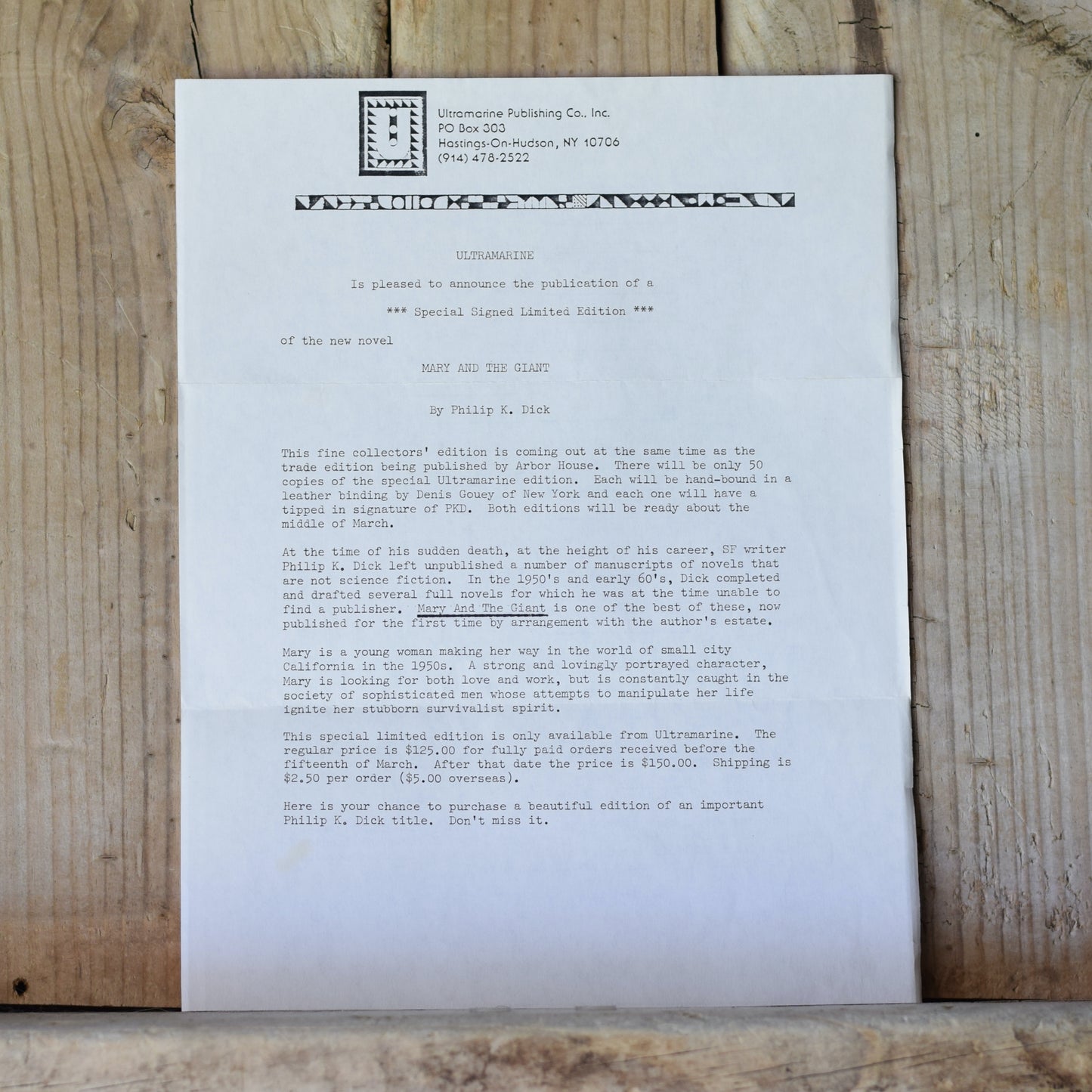 Vintage Sci-fi Paperback: Philip K Dick - Mary and the Giant UNCORRECTED PROOF