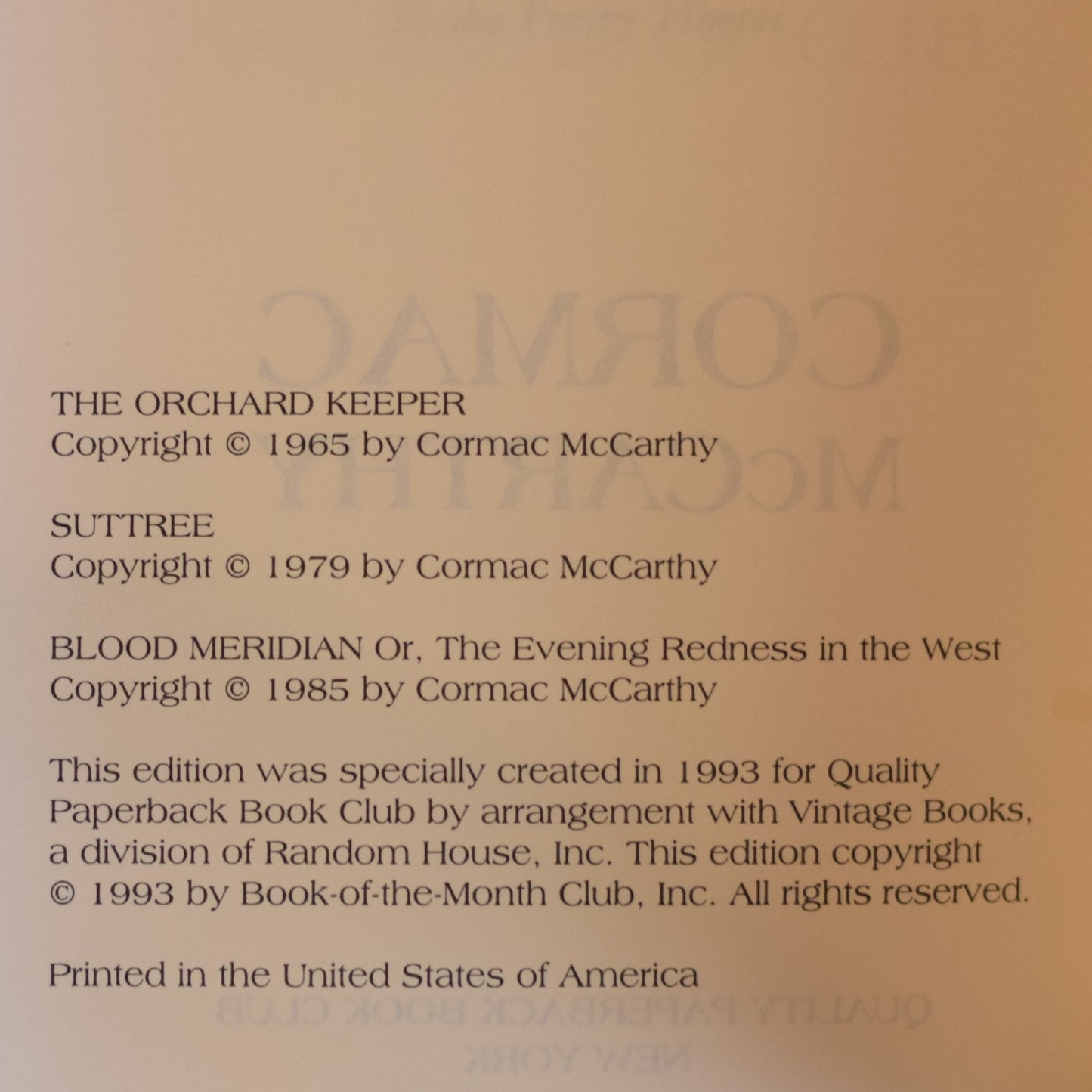 Vintage Fiction Paperback: Cormac McCarthy - QPB Omnibus: The Orchard Keeper, Suttree and Blood Meridian