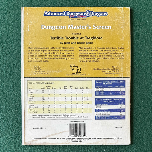 Vintage Dungeons & Dragons 2e Accessory: Dungeon Master's Screen W/ Terrible Trouble at Tragidore