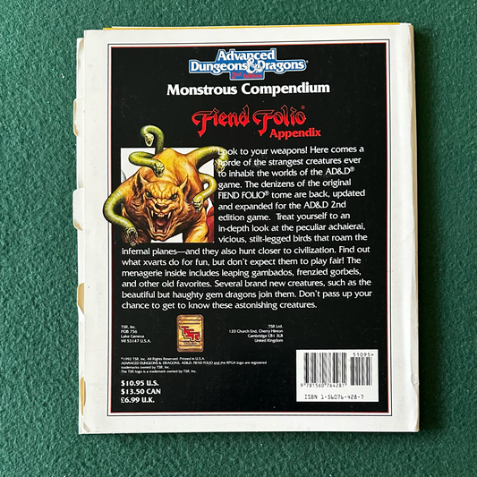 Vintage Advanced Dungeons & Dragons 2e Accessory: Monstrous Compendium: Fiend Folio Appendix