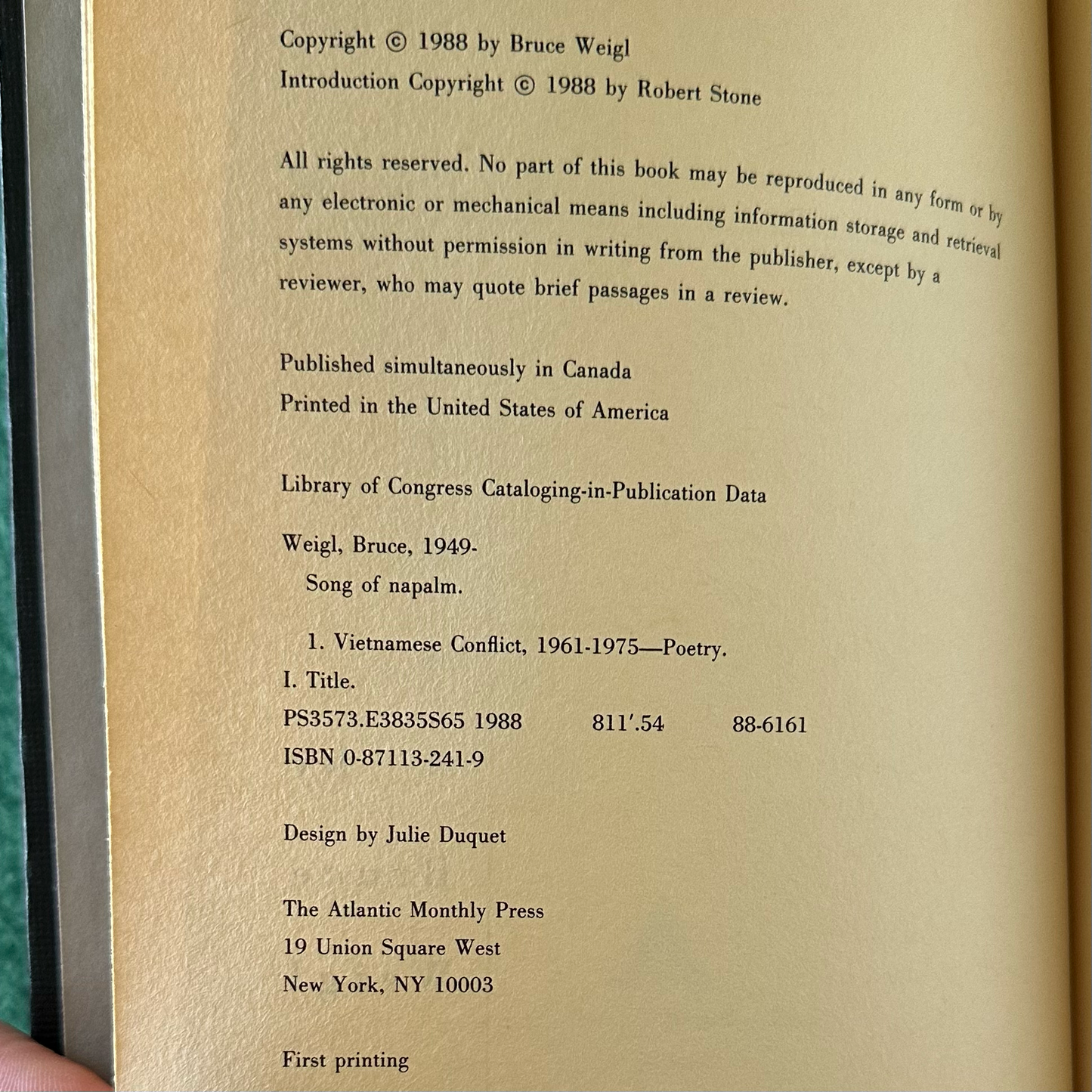 Vintage Poetry Hardback: Bruce Weigl - Song of Napalm FIRST PRINTING