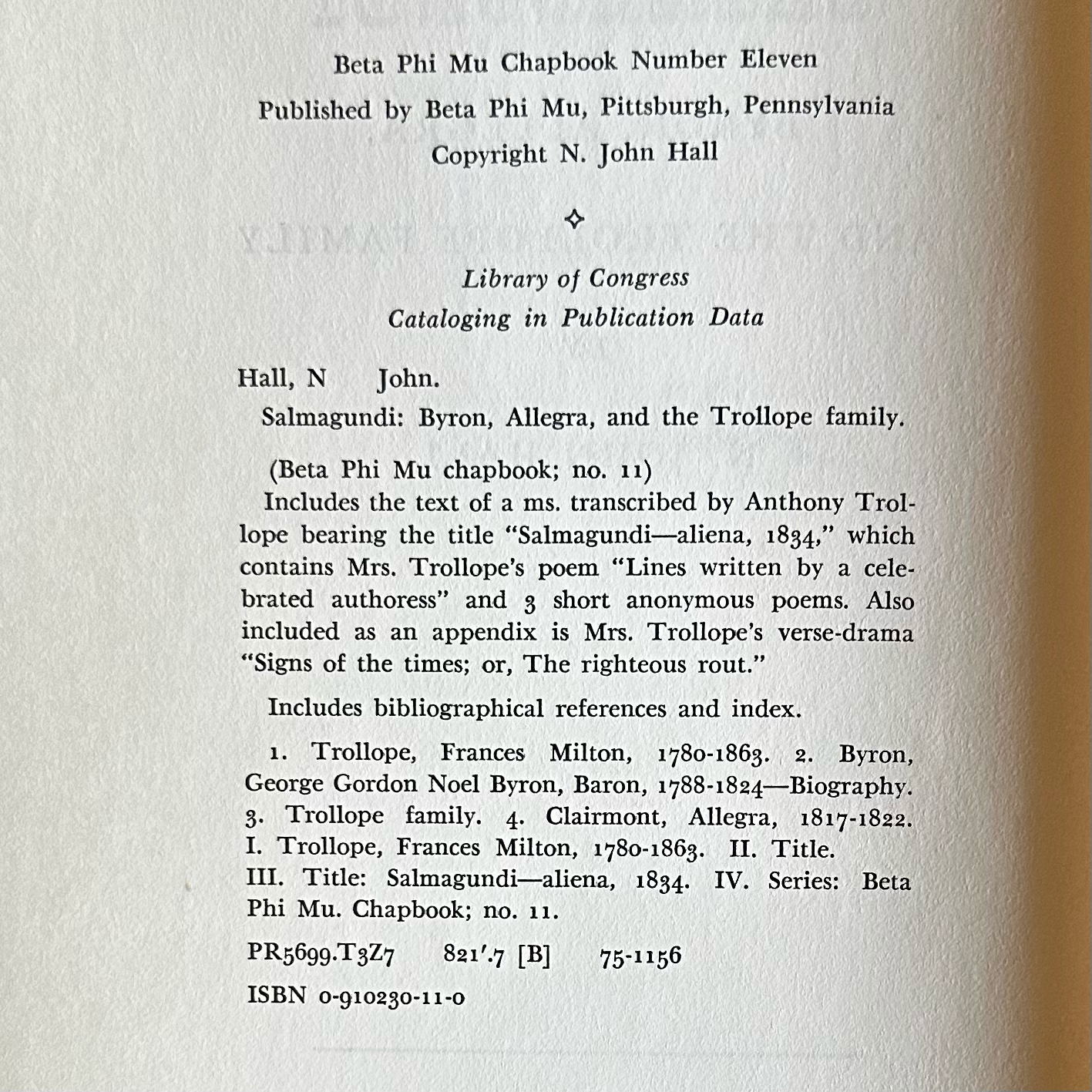 Vintage Poetry Hardback: N John Hall - Salmagundi: Byron, Allegra and the Trollope Family SIGNED FIRST EDITION