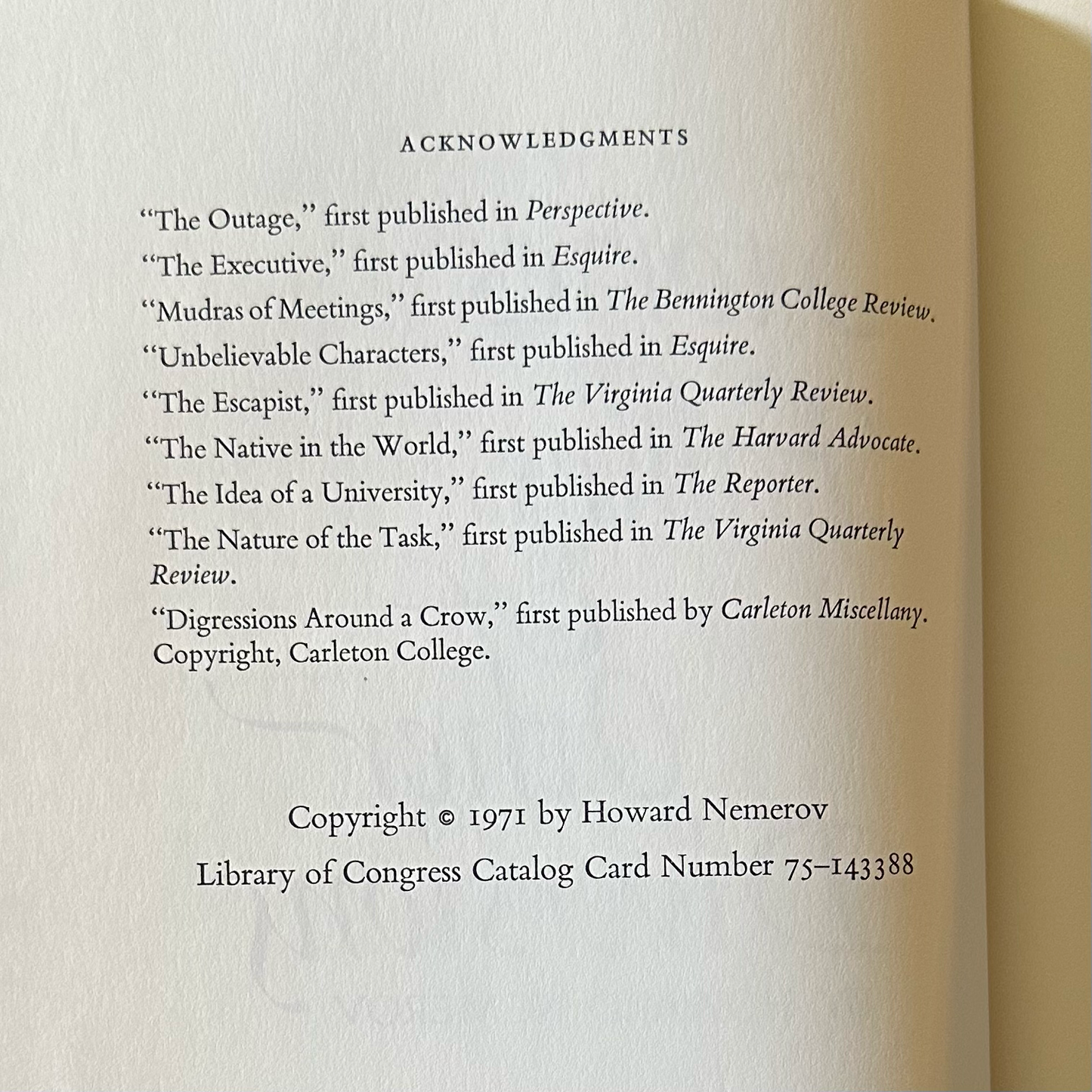 Vintage Poetry Hardback: Howard Nemerov - Stories, Fables and Other Diversions FIRST EDITION