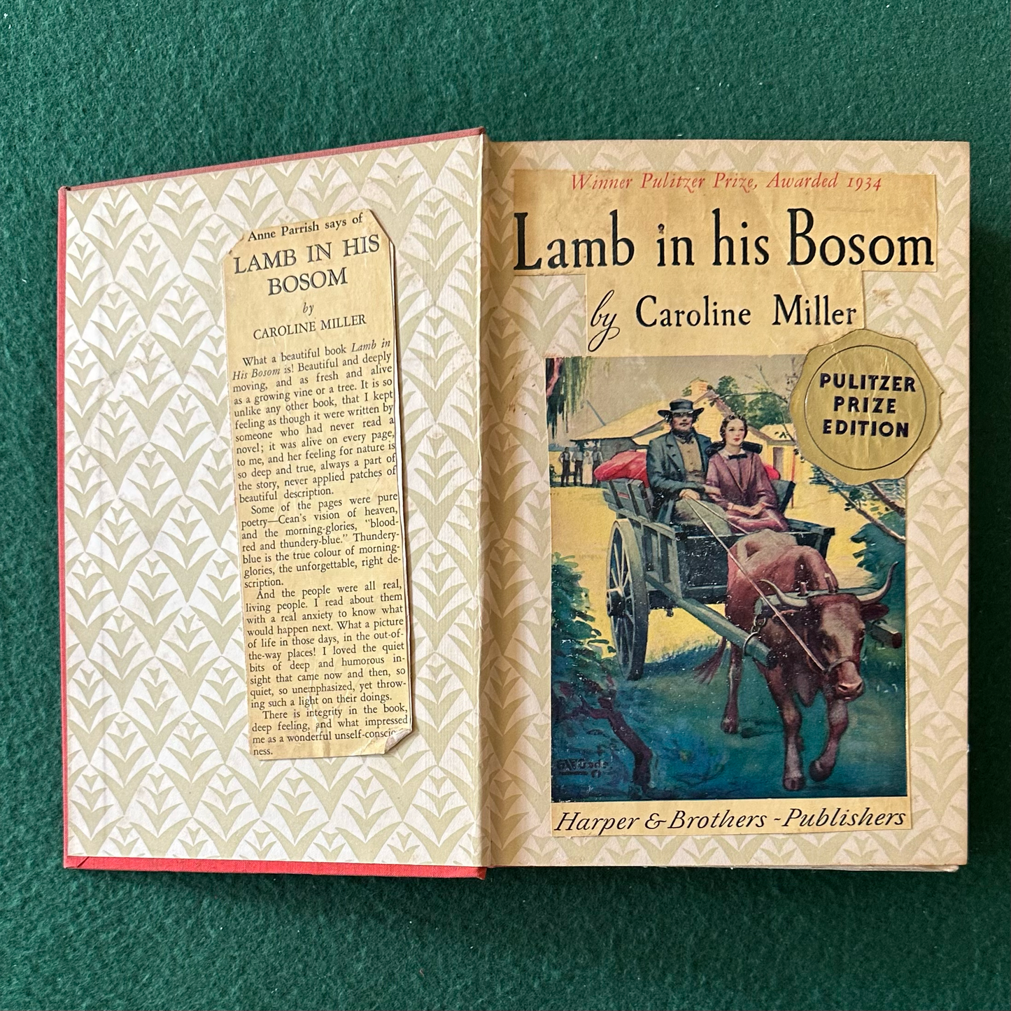 Vintage Fiction Hardback: Caroline Miller - Lamb in his Bosom 1933