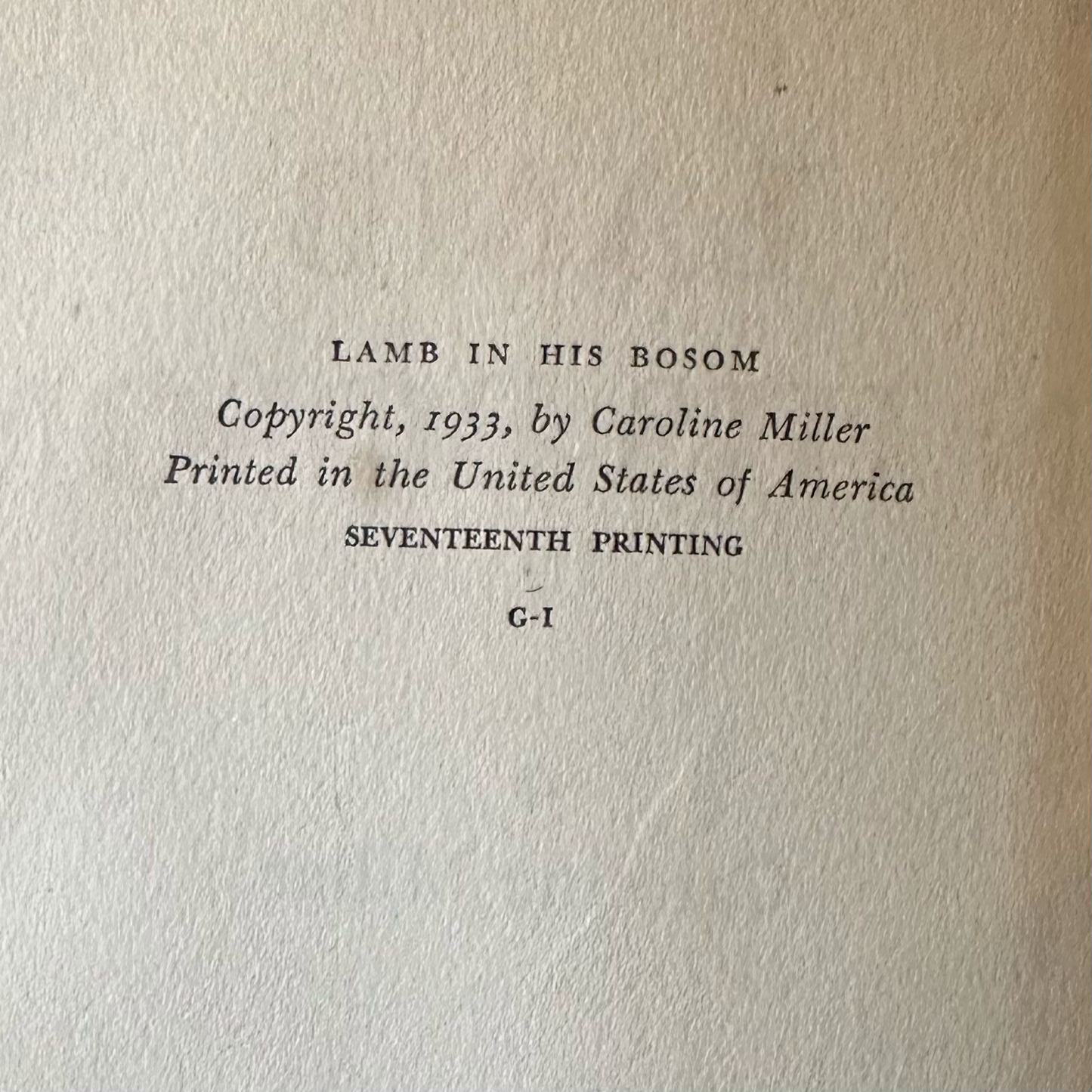 Vintage Fiction Hardback: Caroline Miller - Lamb in his Bosom 1933
