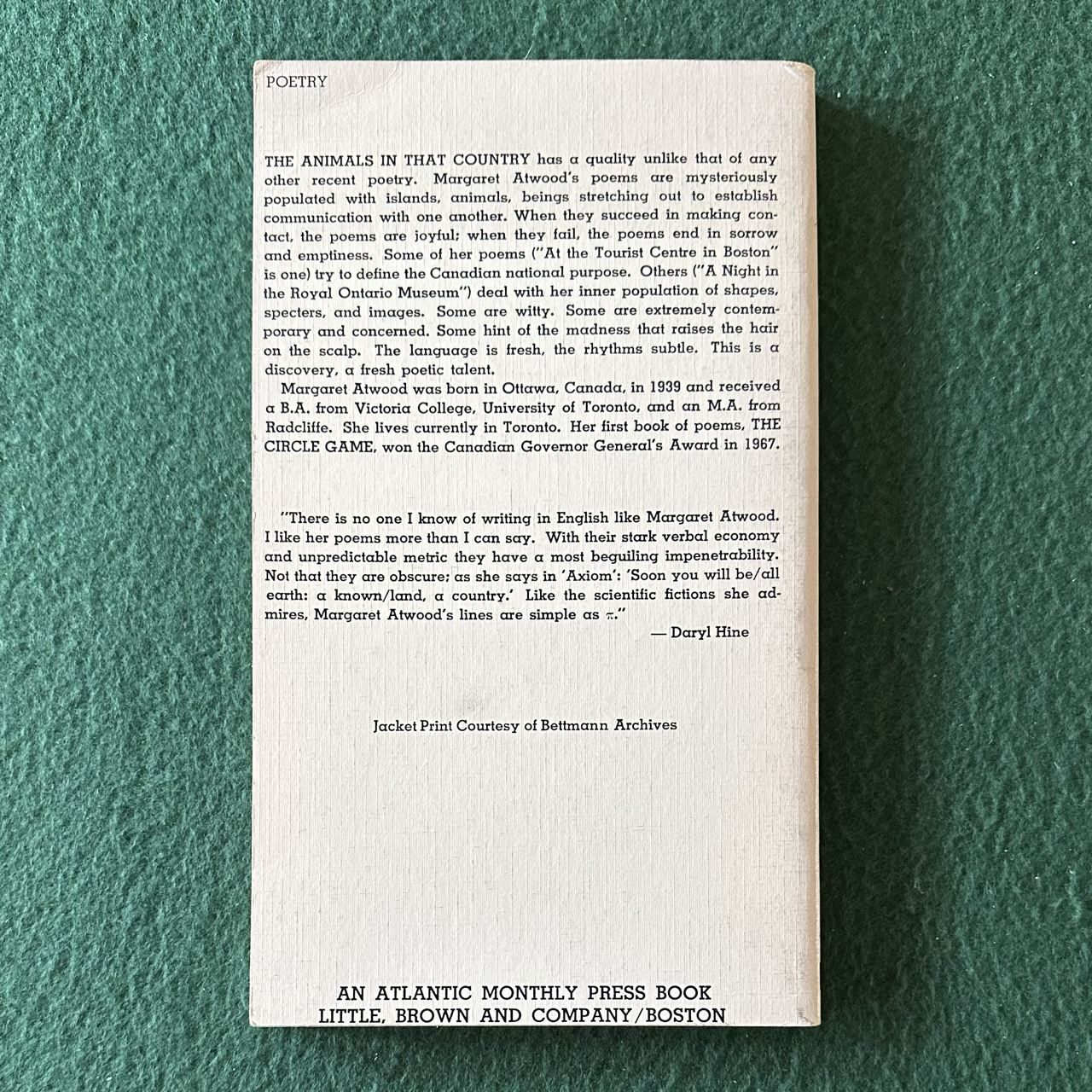 Vintage Poetry Paperback: Margaret Atwood - The Animals in That Country FIRST EDITION
