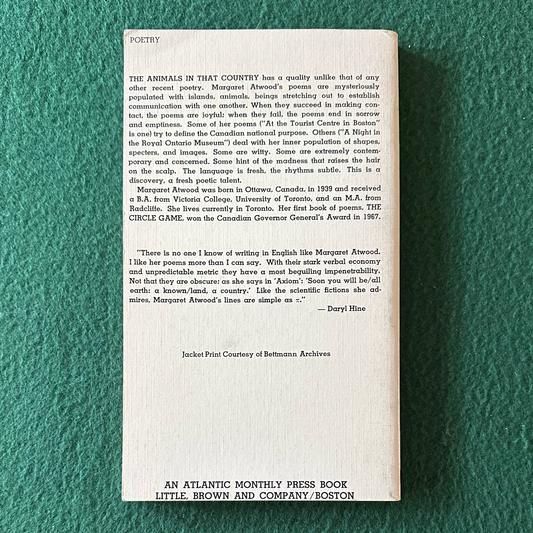 Vintage Poetry Paperback: Margaret Atwood - The Animals in That Country FIRST EDITION