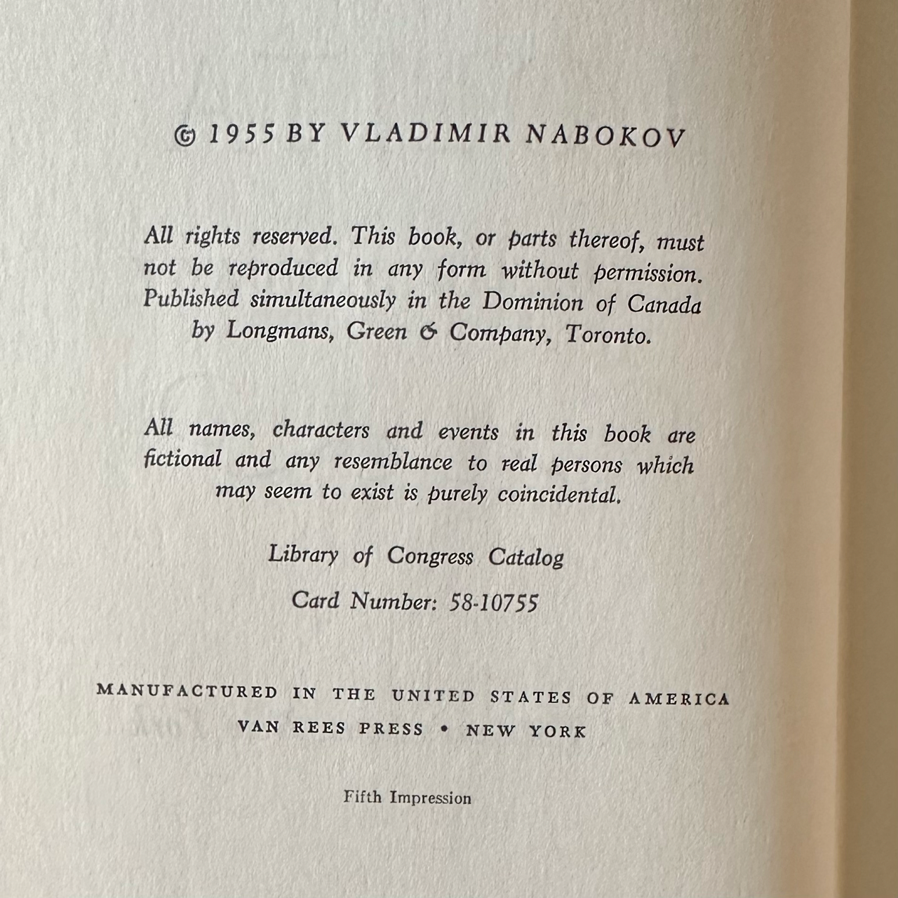 Vintage Fiction Hardback: Vladimir Nabokov - Lolita 5TH PRINTING