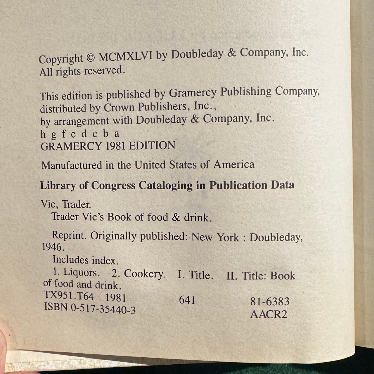 Vintage Cocktail Hardback: Trader Vic's Book of Food & Drink FIRST PRINT