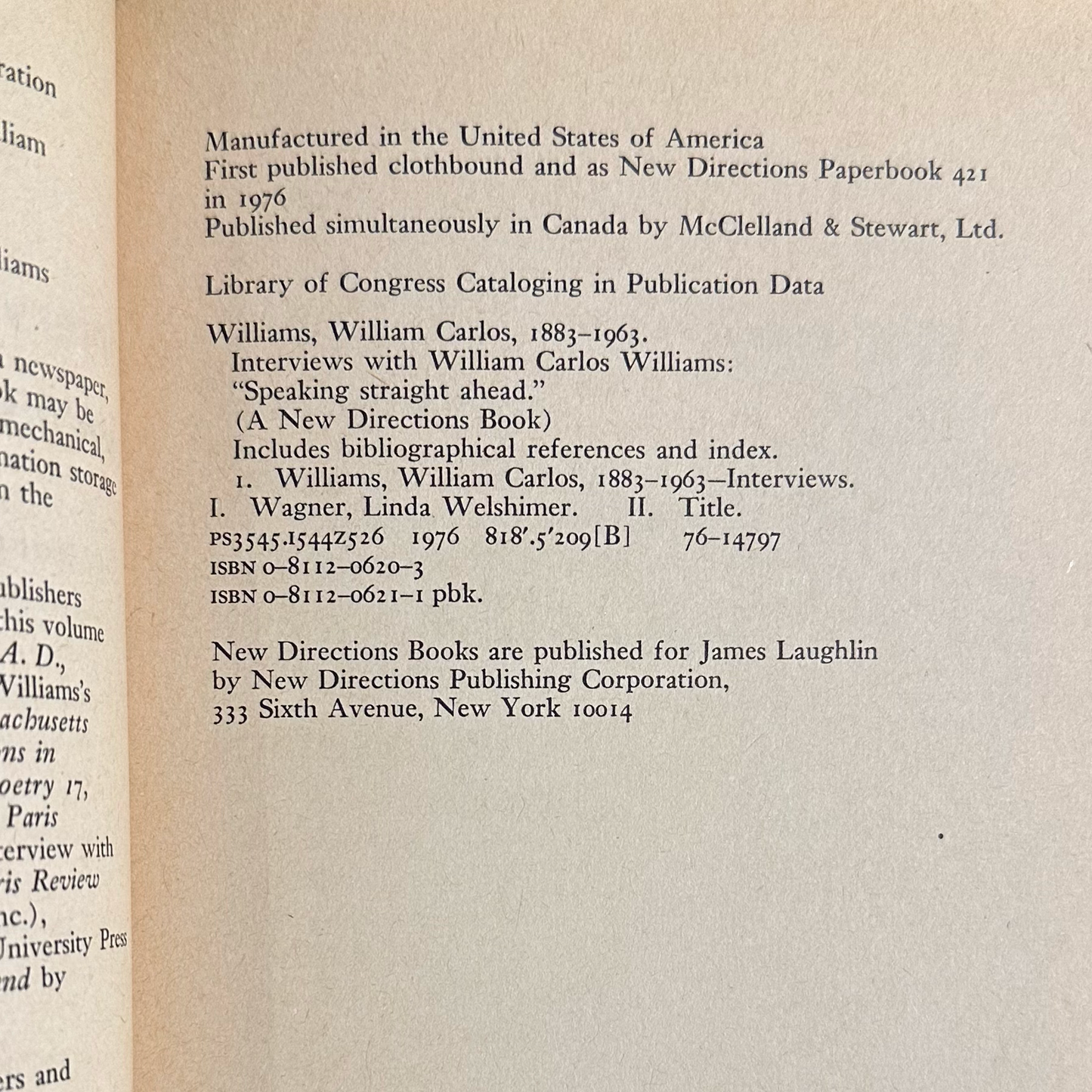 Vintage Non-Fiction Paperback: Interviews with William Carlos Williams, Edited by Linda Wagner FIRST PRINTING