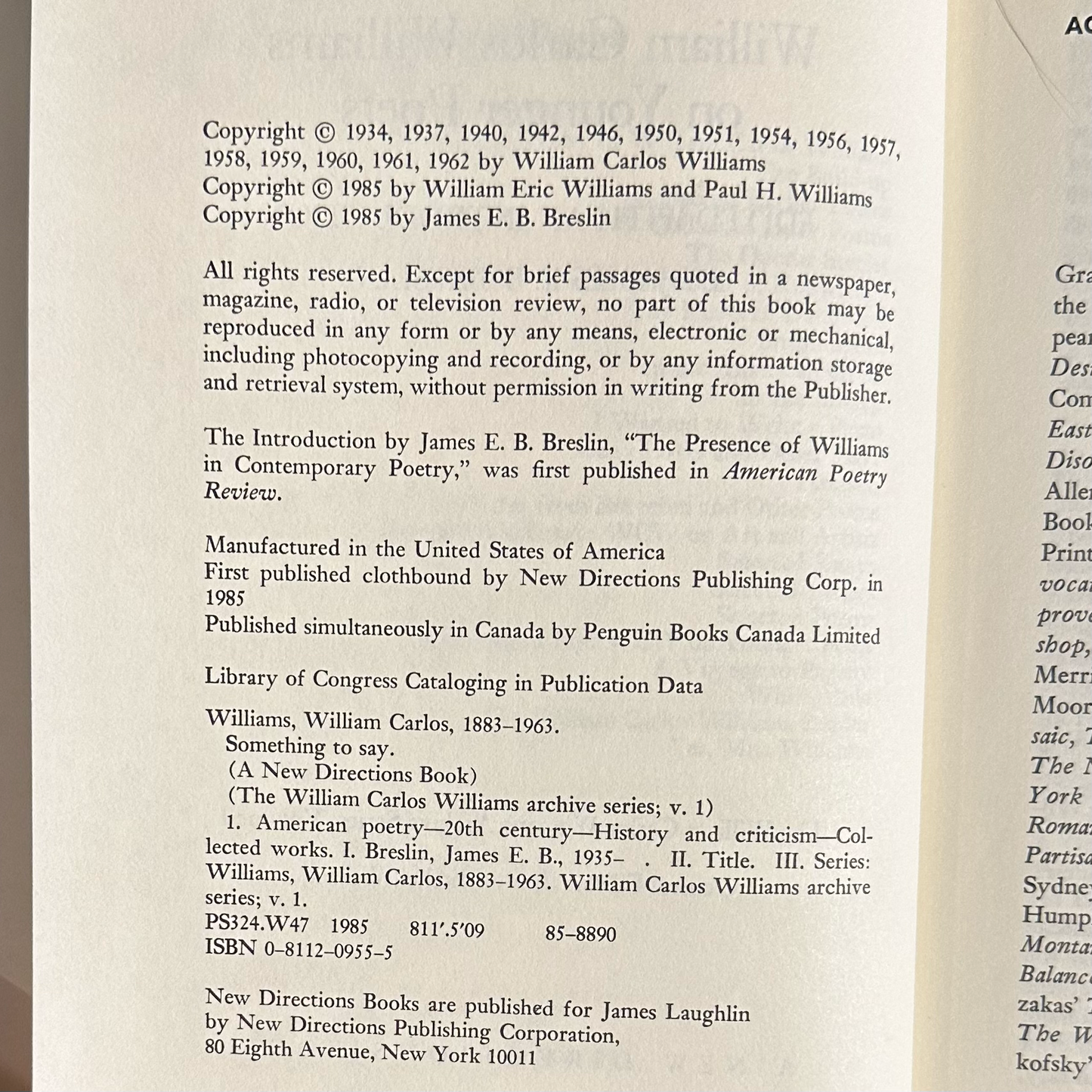 Vintage Non-Fiction Hardback: William Carlos WIlliams - Something to Say: On Younger Poets FIRST EDITION
