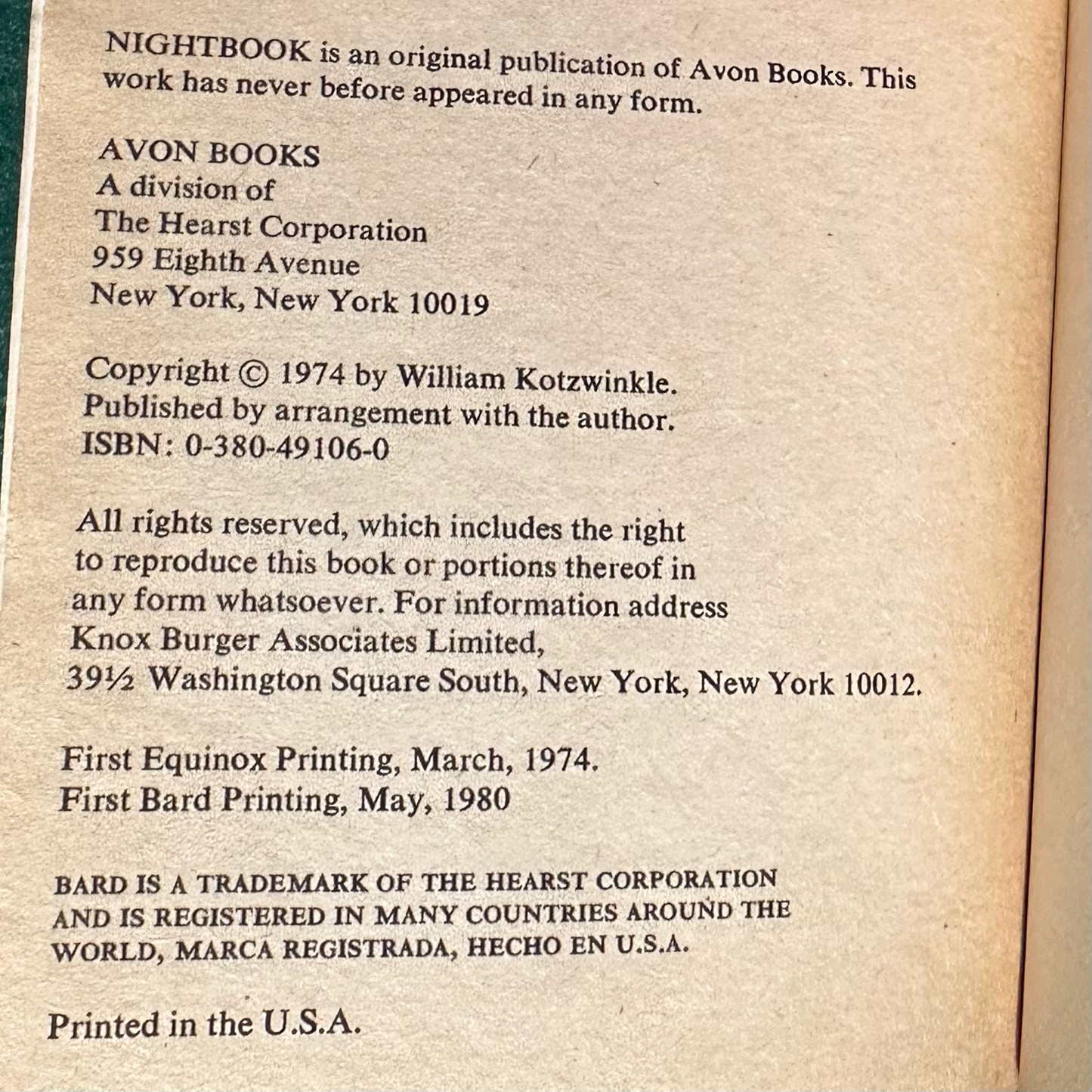 Vintage Fiction Paperback: William Kotzwinkle - Nightbook SIGNED FIRST PRINTING