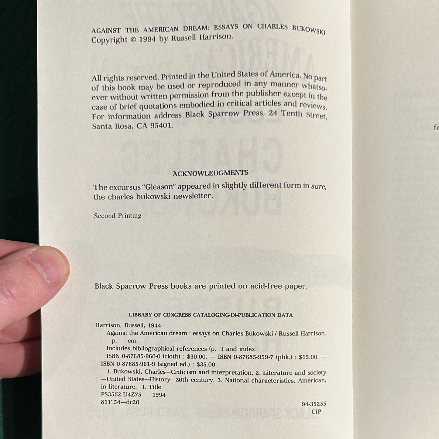 Non-Fiction Paperback: Russell Harrison - Against the American Dream: Essays on Charles Bukowski SECOND PRINT