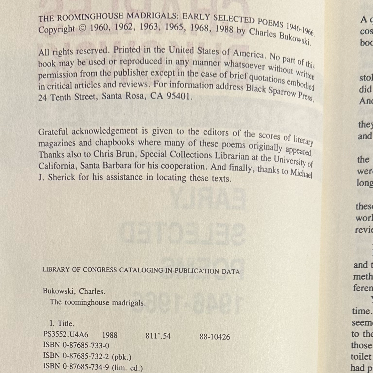 Vintage Poetry Paperback: Charles Bukowski - The Roominghouse Madrigals: Early Selected Poems 1946-1966 FIRST PRINTING