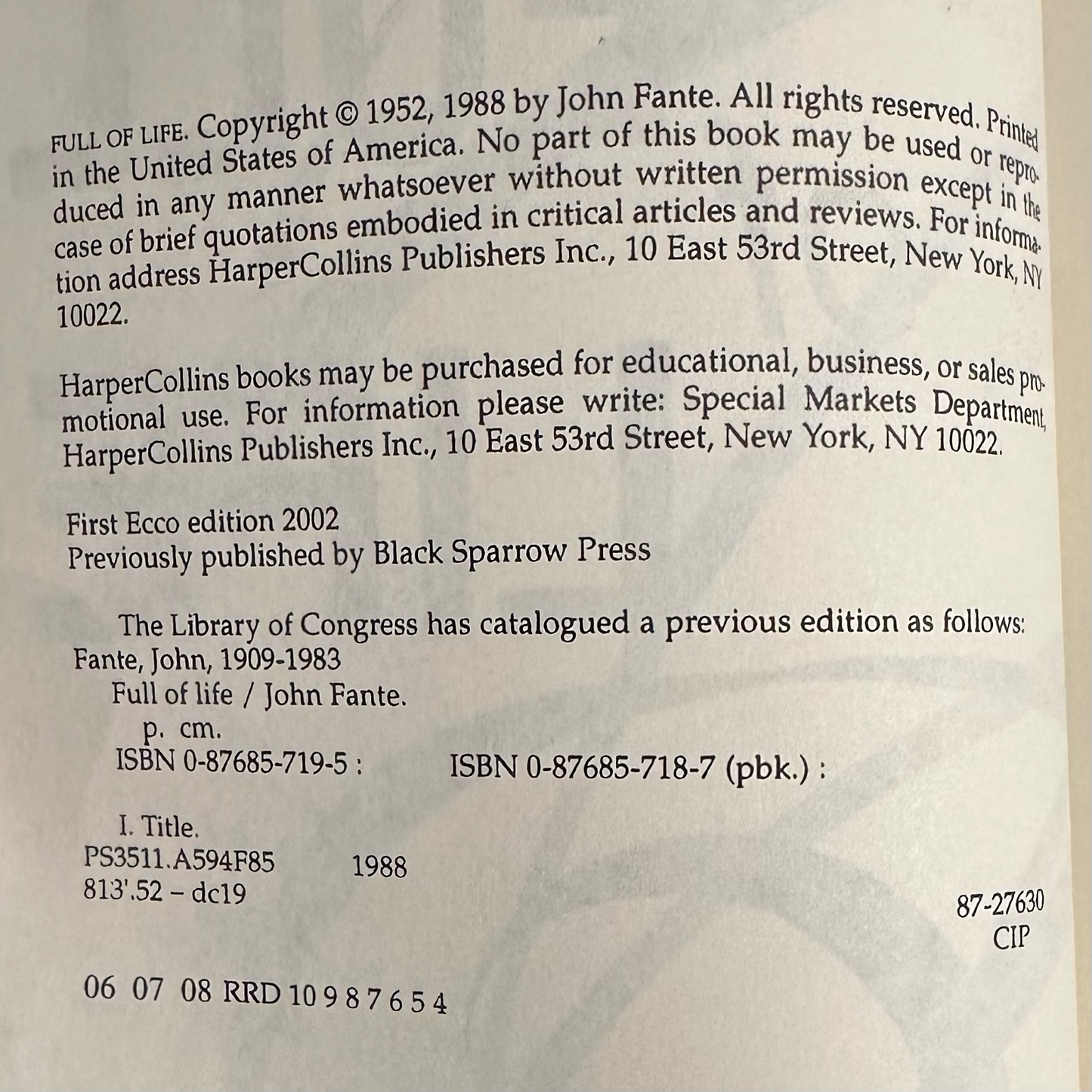 Fiction Paperback: John Fante - Full of Life FOURTH PRINT