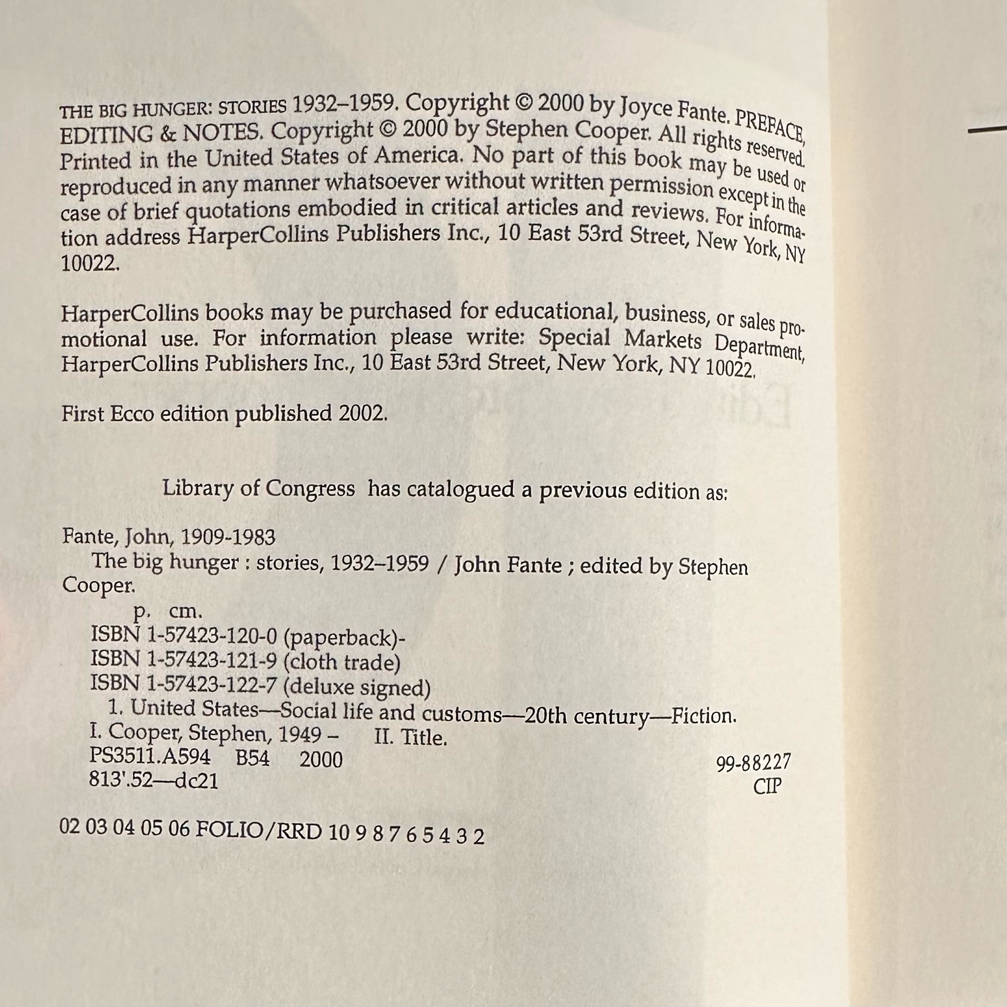 Fiction Paperback: John Fante - The Big Hunger: Stories 1932-1959 SECOND PRINT