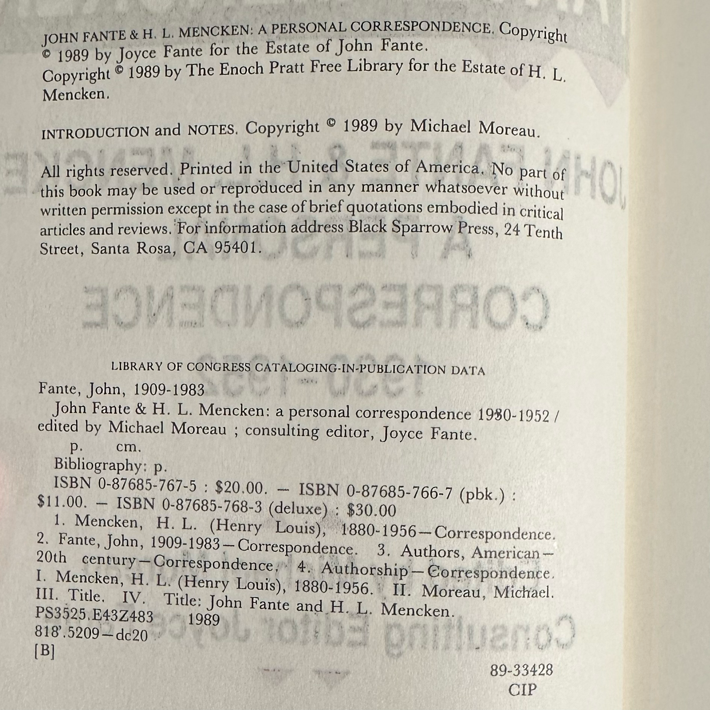 Fiction Paperback: John Fante & H L Mencken - A Personal Correspondence 1930-1952 FIRST PRINT