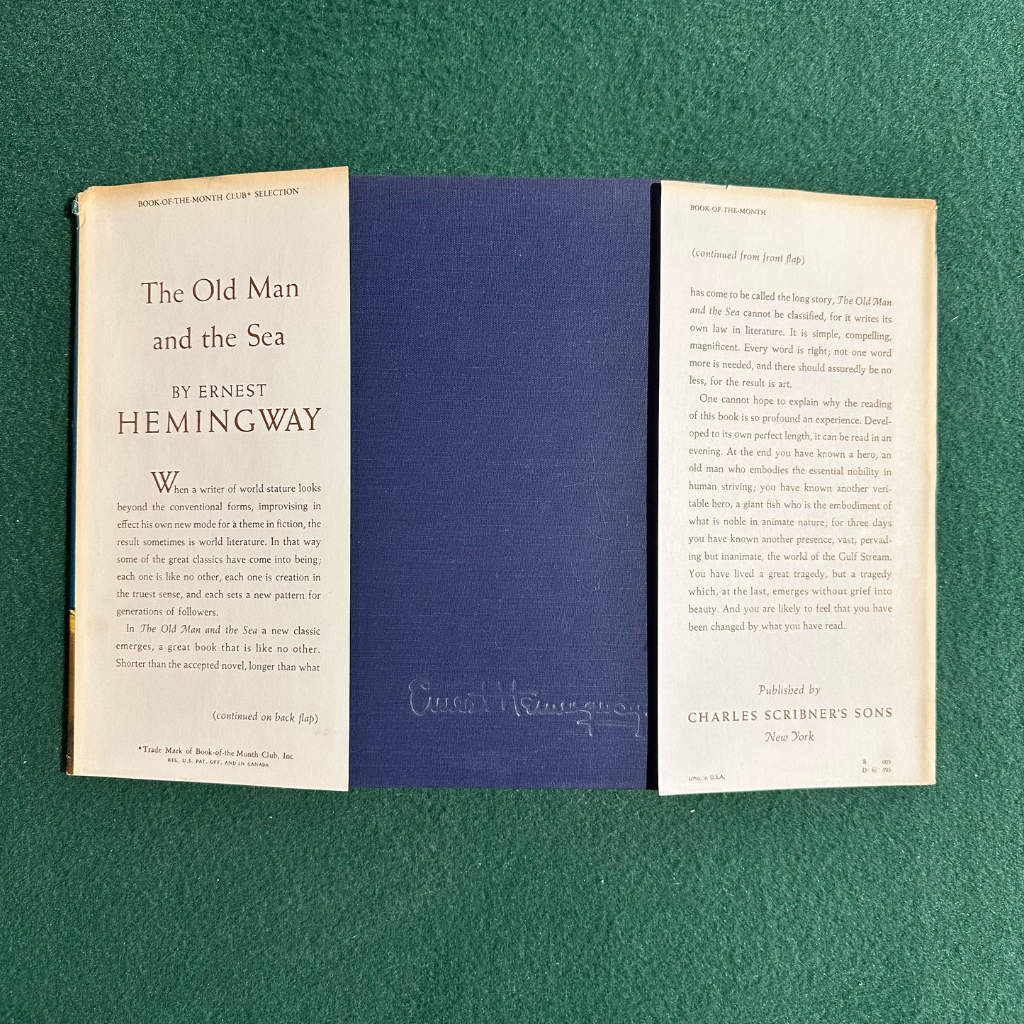 Vintage Fiction Hardback: Ernest Hemingway - The Old Man and the Sea BOOK CLUB EDITION