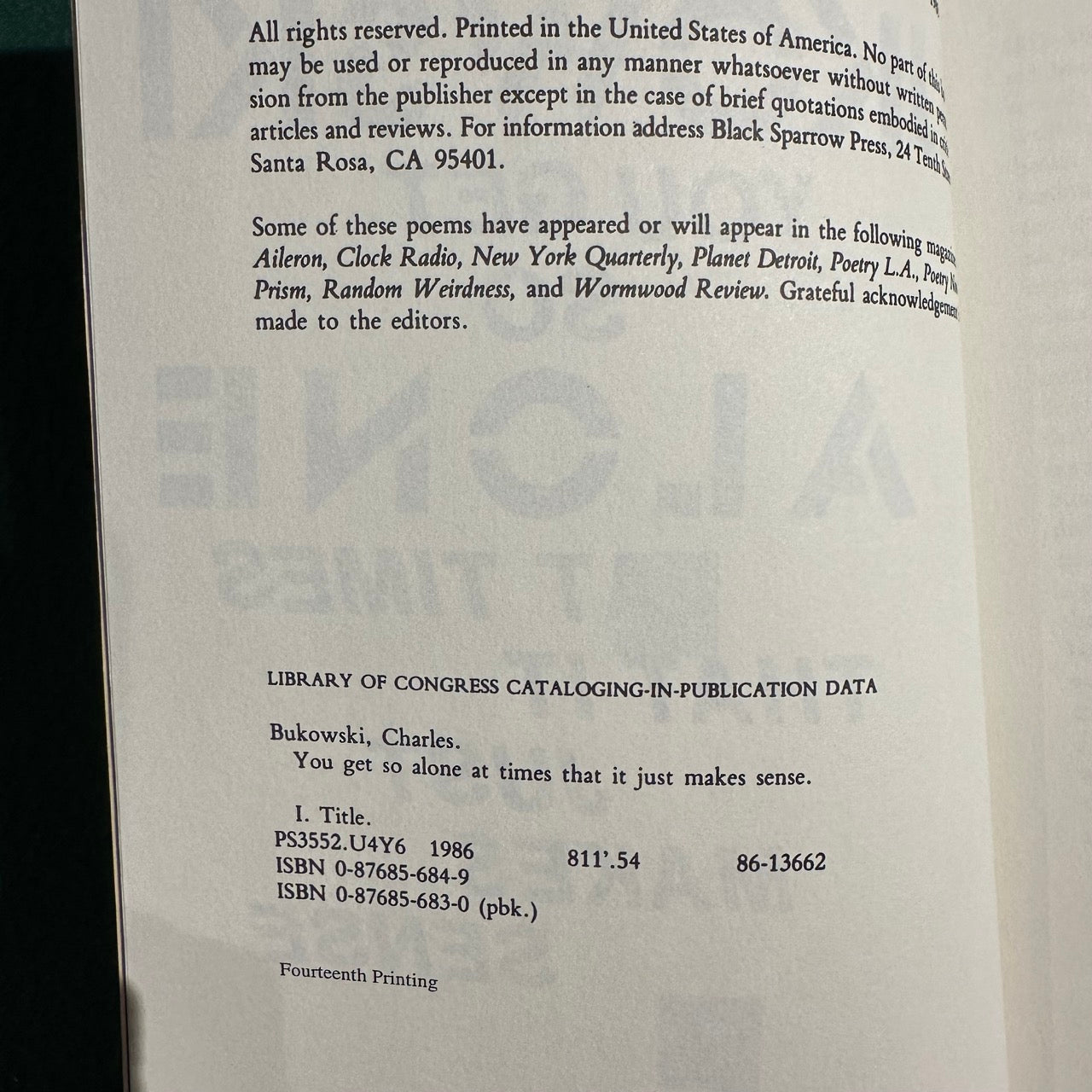 Vintage Poetry Paperback: Charles Bukowski - You Get So Alone At Times That It Just Makes Sense