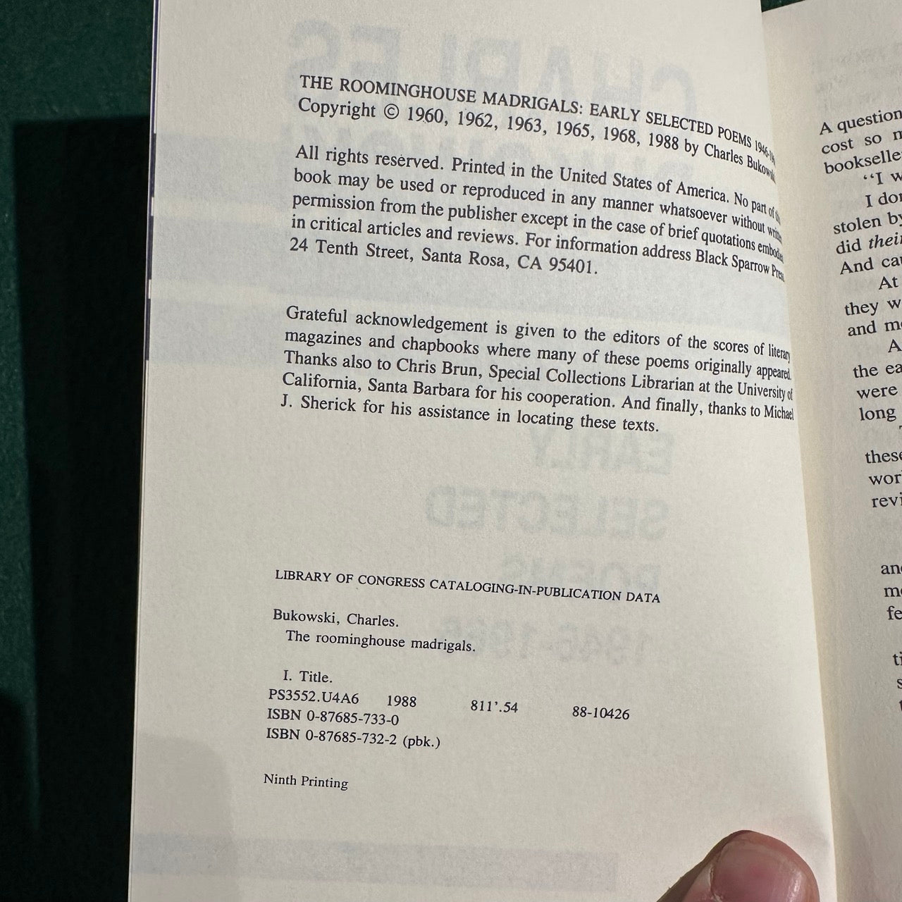 Vintage Poetry Paperback: Charles Bukowski - The Roominghouse Madrigals NINTH PRINTING