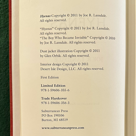 Fiction Hardback: Joe R Lansdale - Hyenas FIRST EDITION/PRINTING