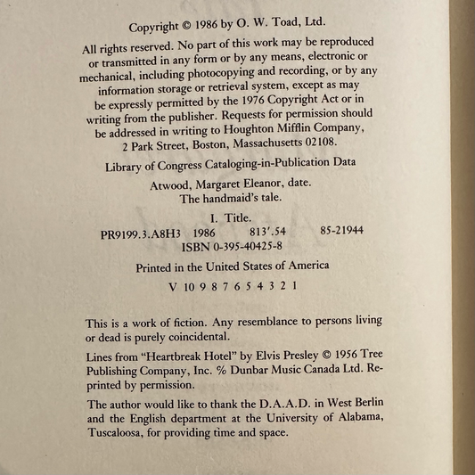 Vintage Fiction Hardback: Margaret Atwood - The Handmaid's Tale FIRST EDITION/PRINTING