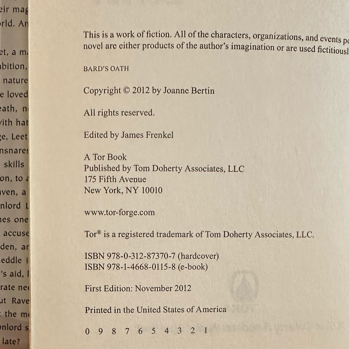 Fantasy Hardback: Joanne Bertin - Bard's Oath FIRST EDITION/PRINTING