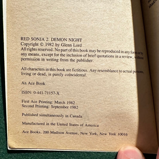 Vintage Fantasy Paperback: David C Smith & Richard L Tierney - Red Sonja 2: Demon Night SECOND PRINTING