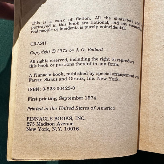 Vintage Fiction Paperback: JG Ballard - Crash FIRST PRINTING